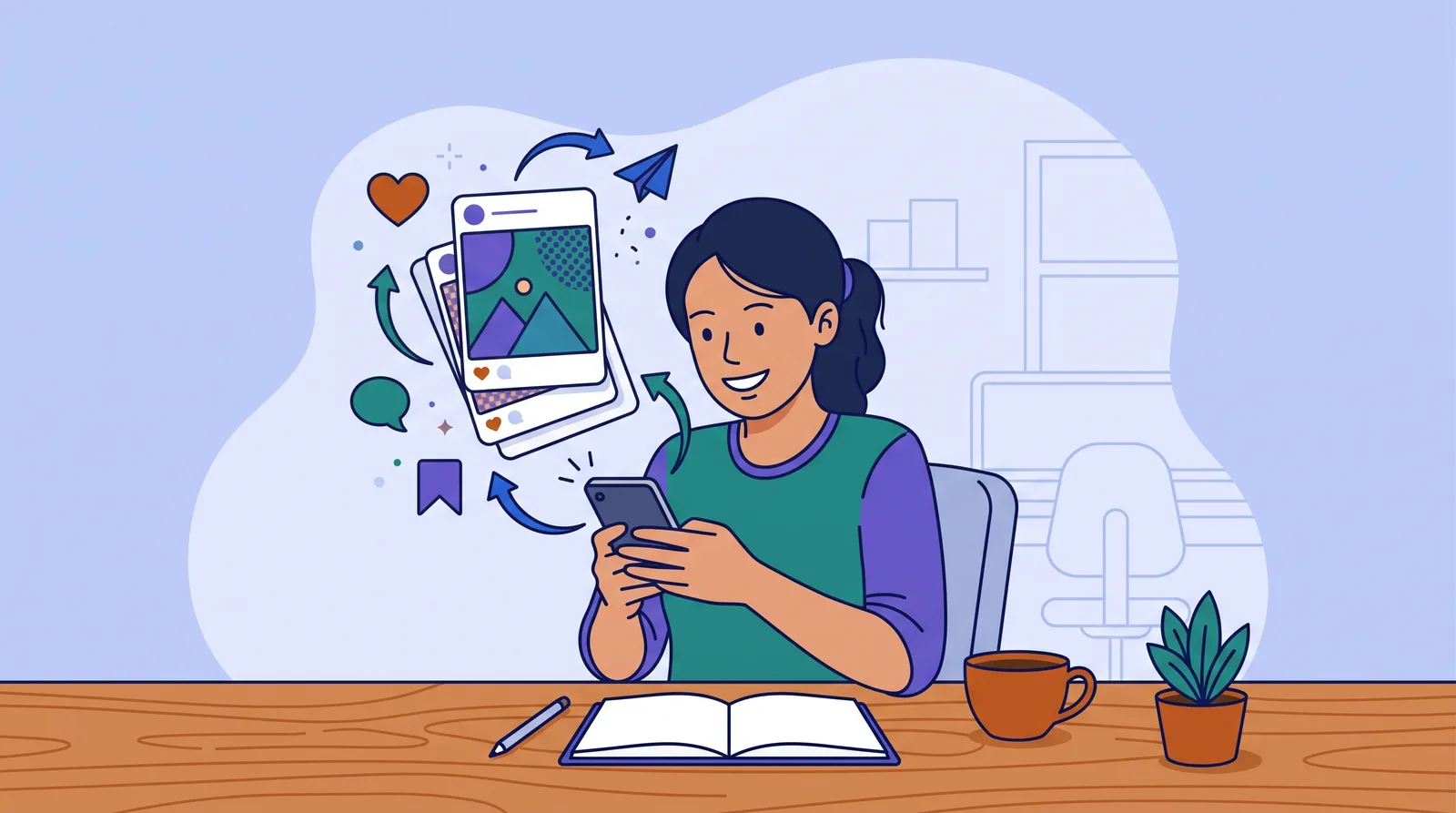 Ilustrasi pemilik usaha kecil di meja kerja memegang ponsel, dikelilingi kartu-kartu konten yang sedang disusun ulang oleh panah, dengan ikon hati, balon komentar, penanda simpan, dan pesawat kertas