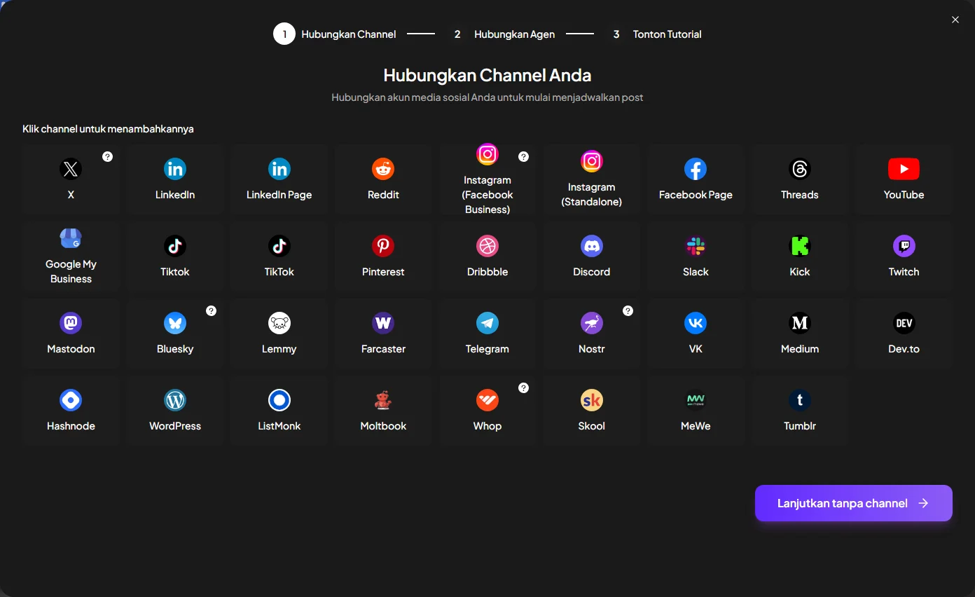 Layar Hubungkan Channel Anda di aplikasi Kelola Konten, langkah 1 dari 3, berisi petak channel seperti X, LinkedIn, Instagram, Facebook Page, Threads, YouTube, TikTok, dan Pinterest, serta tombol Lanjutkan tanpa channel
