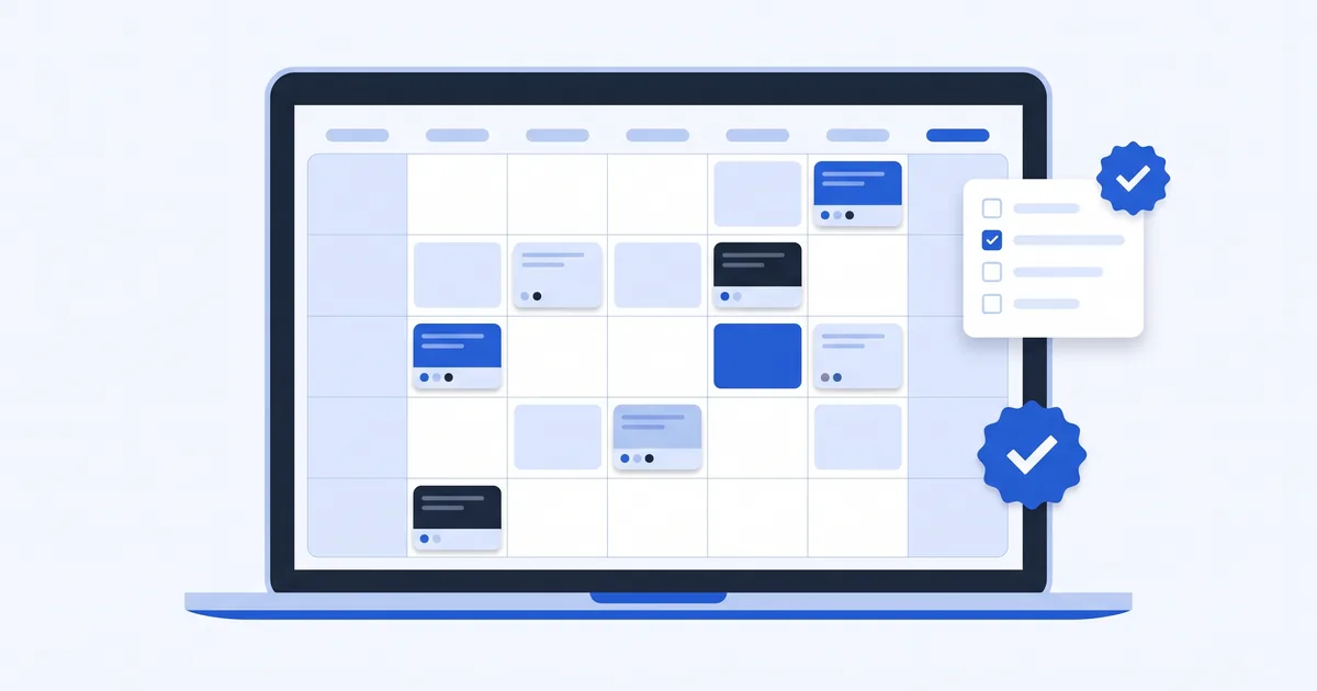 Ilustrasi laptop menampilkan kalender bulanan berisi kartu konten terjadwal dengan titik status, disertai checklist dan lencana centang persetujuan