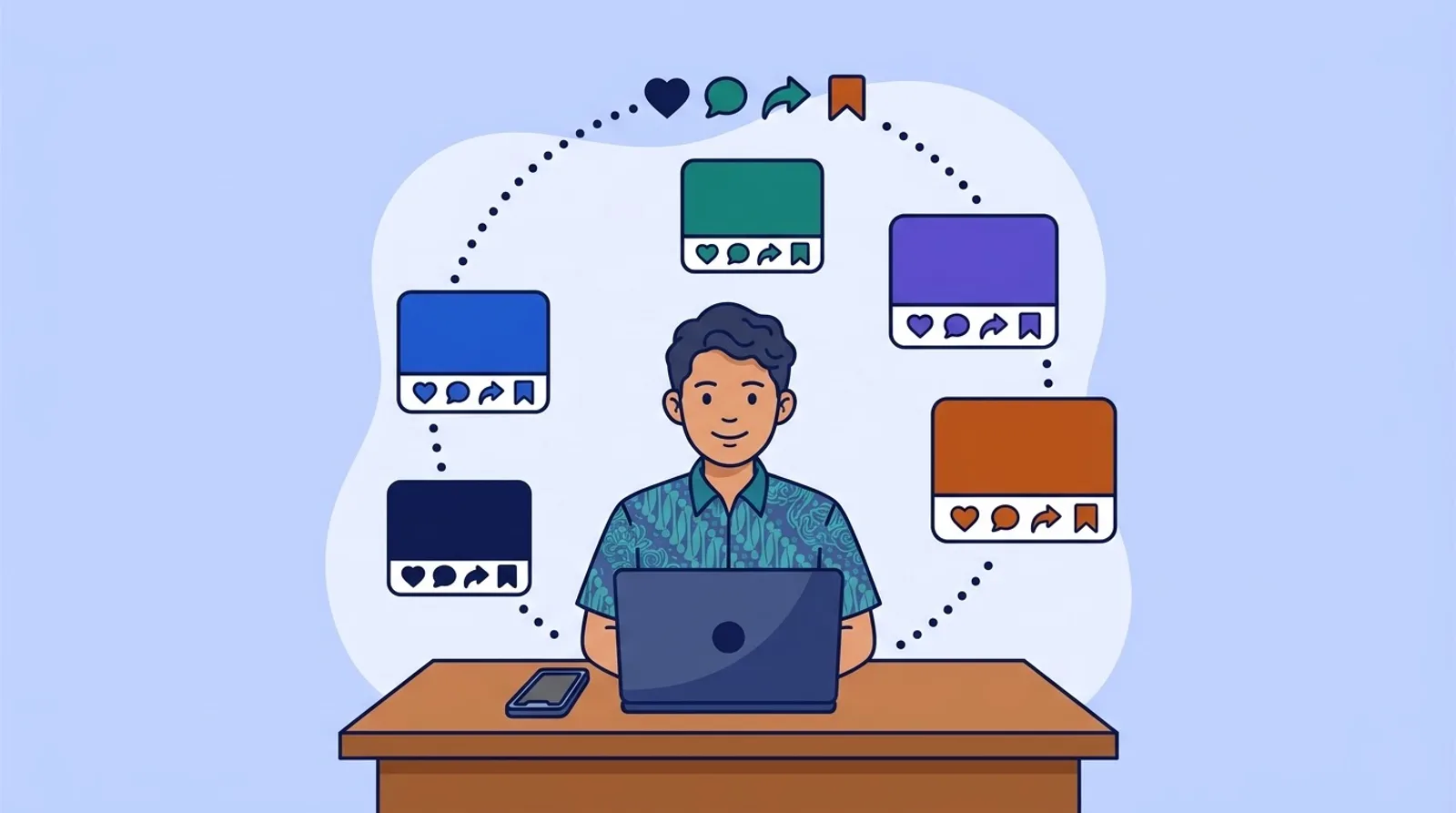 Ilustrasi pria muda di depan laptop dikelilingi kartu posting media sosial berikon hati, komentar, bagikan, dan simpan yang tersusun melingkar dihubungkan garis titik