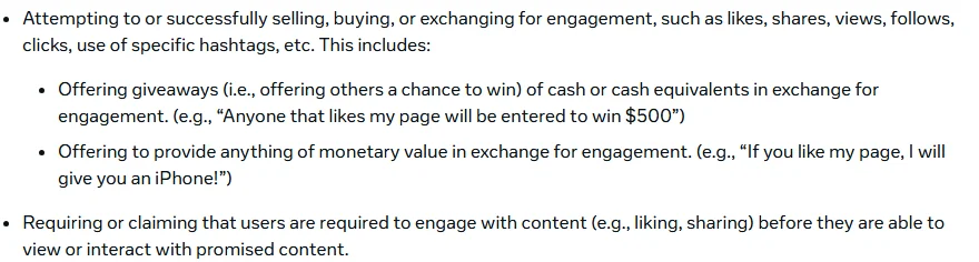 Tangkapan layar kebijakan Spam di Meta Transparency Center yang memuat larangan menjual, membeli, atau menukar keterlibatan seperti like, share, view, dan follow, termasuk contoh giveaway berhadiah uang dengan imbalan like