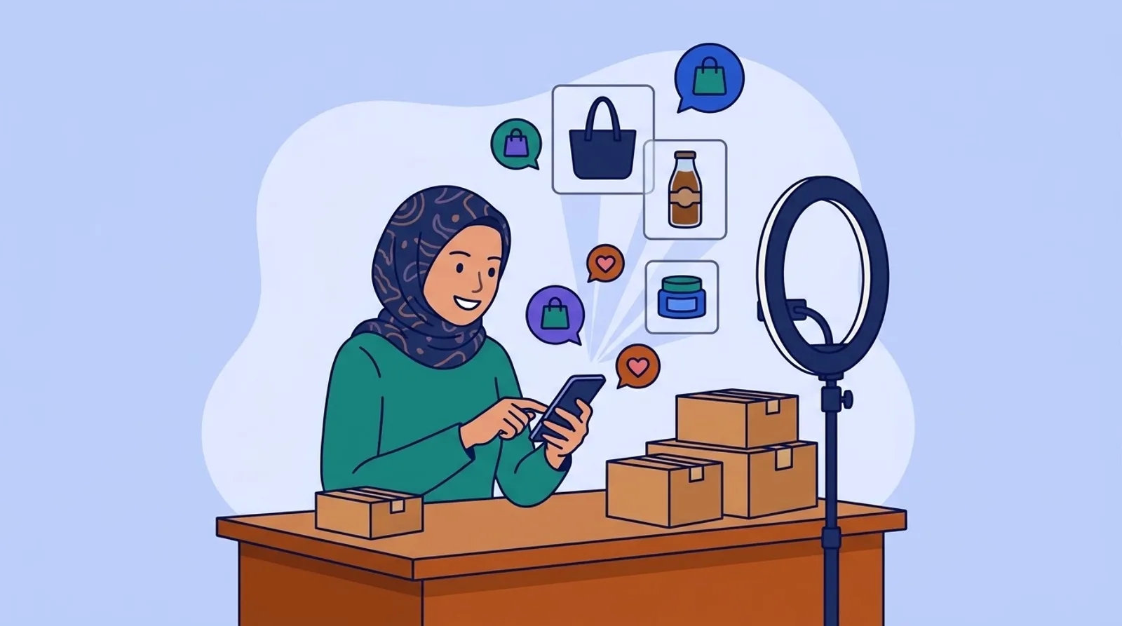 Ilustrasi pemilik toko daring berhijab mengetik caption di ponsel di meja yang penuh paket, dari ponsel melayang kartu posting produk dan balon percakapan