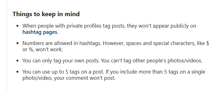 Tangkapan layar bagian Things to keep in mind di Pusat Bantuan Instagram tentang tagar, berisi aturan angka boleh dipakai, spasi dan karakter khusus tidak berfungsi, dan batas 5 tagar per posting