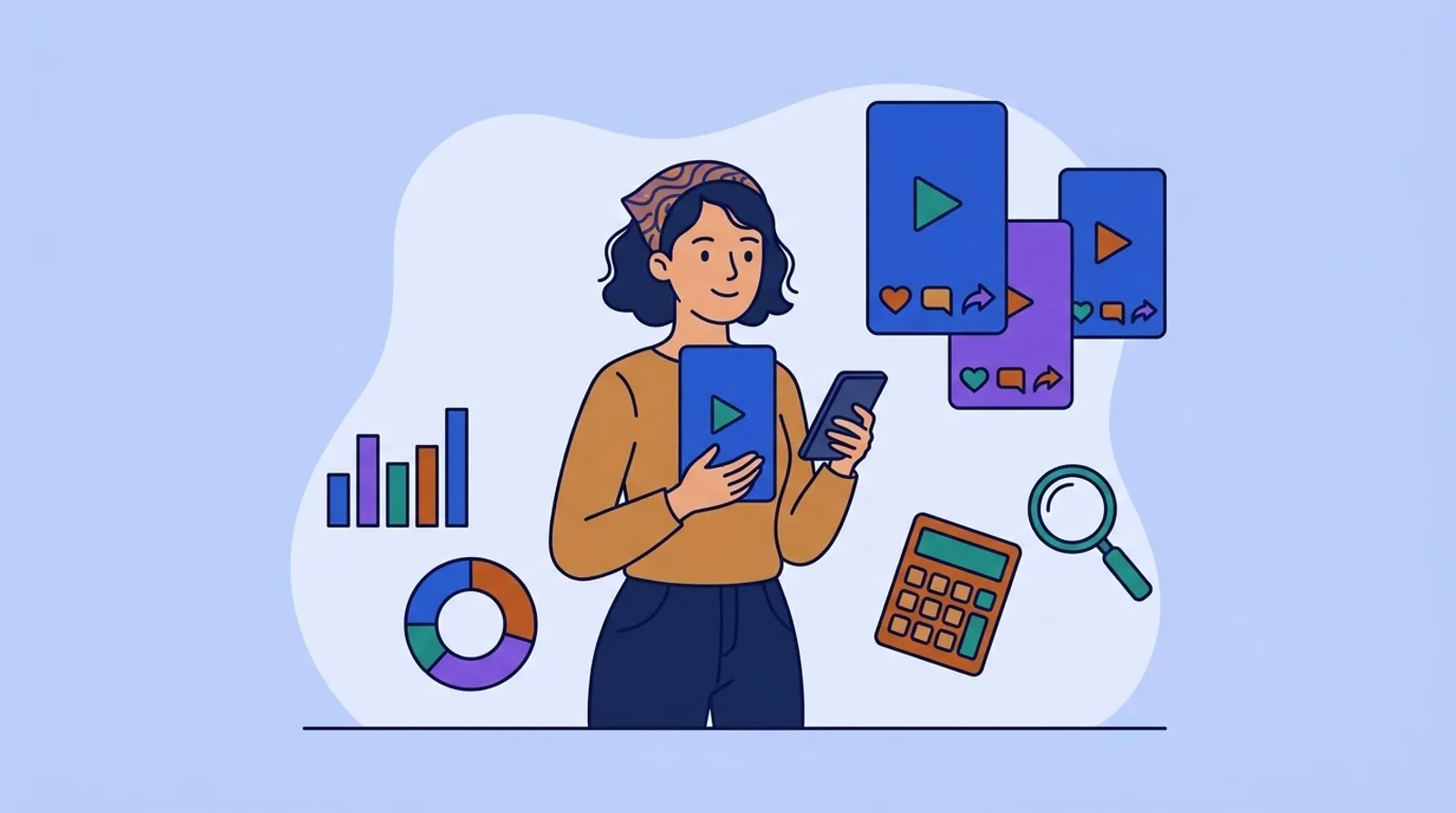 Ilustrasi perempuan muda memegang ponsel dengan video vertikal, di sekitarnya melayang kartu video berikon hati, komentar, dan bagikan, kalkulator, kaca pembesar, serta grafik batang dan donat tanpa angka