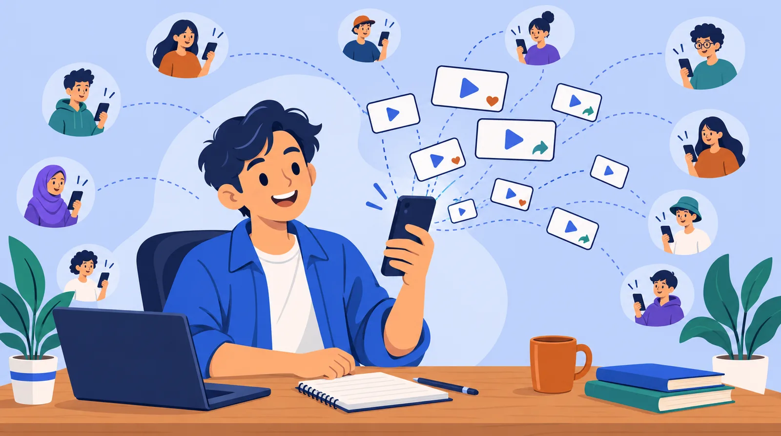 Ilustrasi kreator muda memegang ponsel vertikal, dari ponsel mengalir kartu-kartu video kosong ke banyak sosok kecil yang memegang ponsel, sebagian kartu ditandai ikon hati dan panah bagikan
