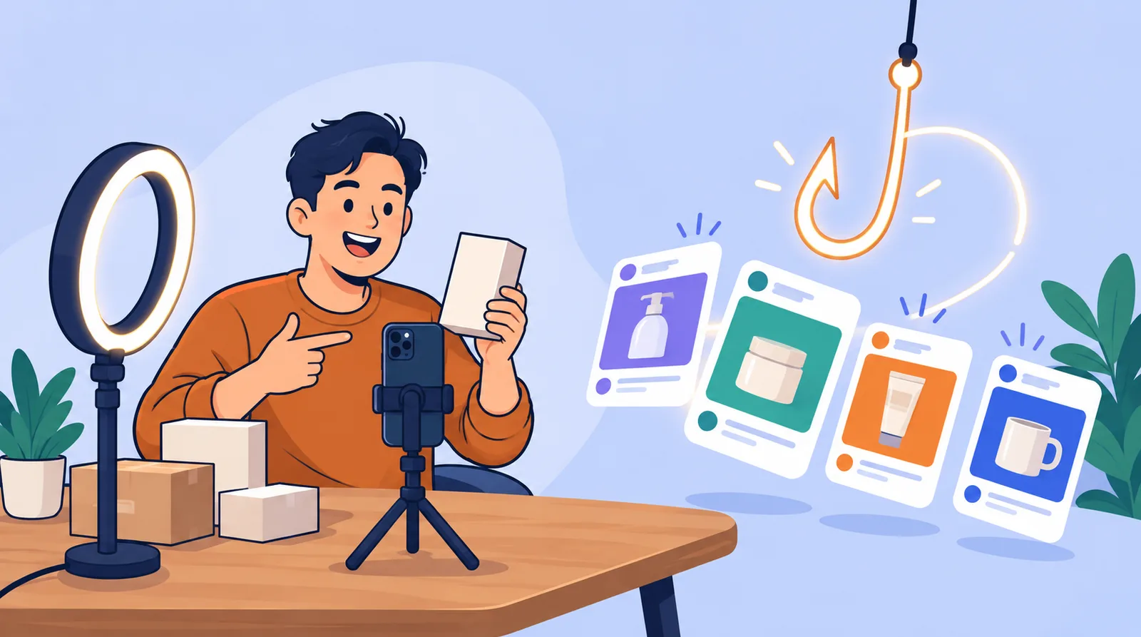 Ilustrasi pemilik usaha merekam video vertikal dengan ponsel di tripod kecil, dengan bentuk kail cahaya yang melengkung ke arah kartu-kartu konten yang berhenti dan berbalik menghadap penonton