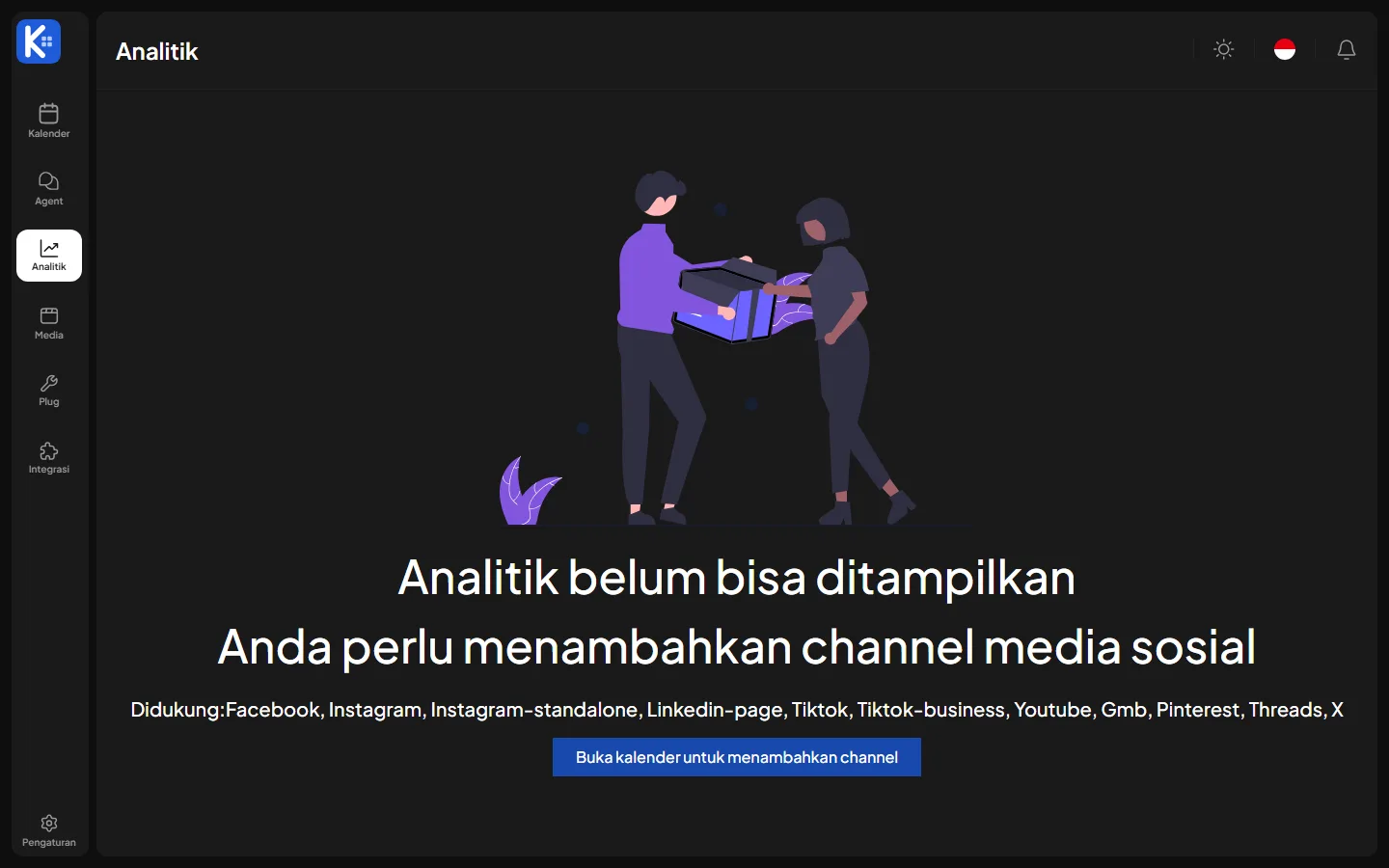 Tangkapan layar menu Analitik di aplikasi Kelola Konten bertema gelap dengan ilustrasi dua orang, tulisan Analitik belum bisa ditampilkan, Anda perlu menambahkan channel media sosial, daftar Didukung berisi Facebook, Instagram, Instagram-standalone, Linkedin-page, Tiktok, Tiktok-business, Youtube, Gmb, Pinterest, Threads, X, dan tombol Buka kalender untuk menambahkan channel