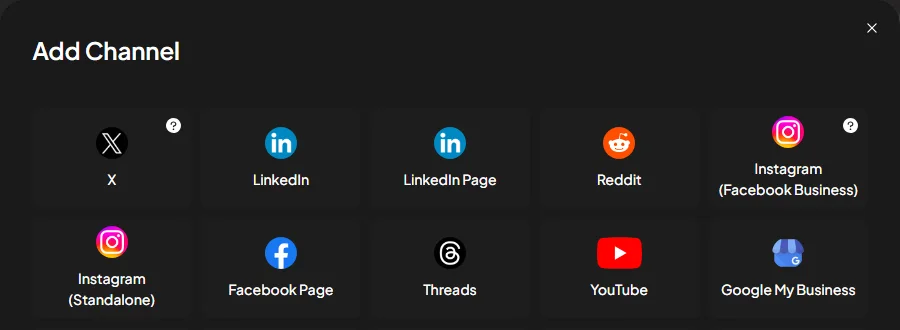 Bagian atas layar Add Channel di aplikasi Kelola Konten bertema gelap, berisi petak X, LinkedIn, LinkedIn Page, Reddit, Instagram (Facebook Business), Instagram (Standalone), Facebook Page, Threads, YouTube, dan Google My Business