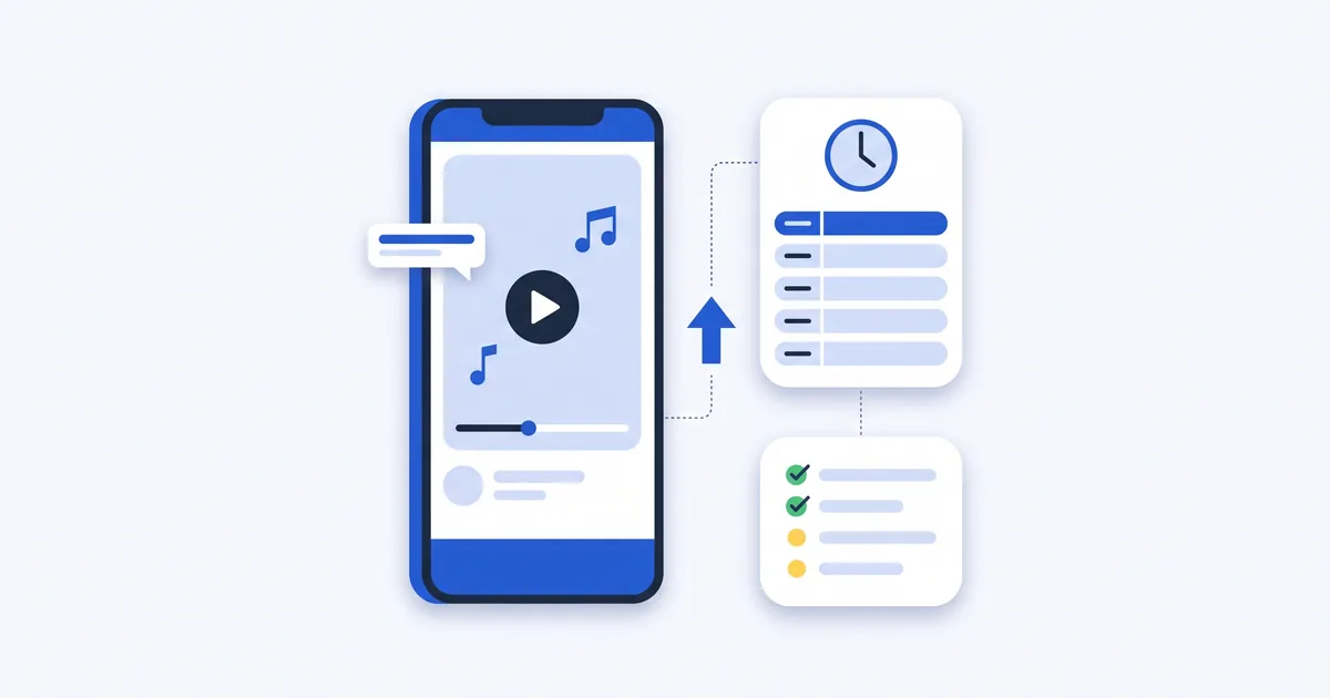 Ilustrasi ponsel vertikal memutar video pendek bernada musik, terhubung panah unggah ke kartu jadwal berjam dan daftar status berisi centang serta titik tertunda