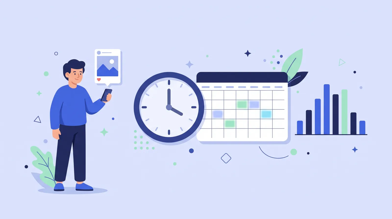 Ilustrasi pemilik usaha memegang ponsel di samping jam dinding besar, kalender mingguan dengan beberapa slot waktu yang disorot, dan grafik batang aktivitas audiens sepanjang hari
