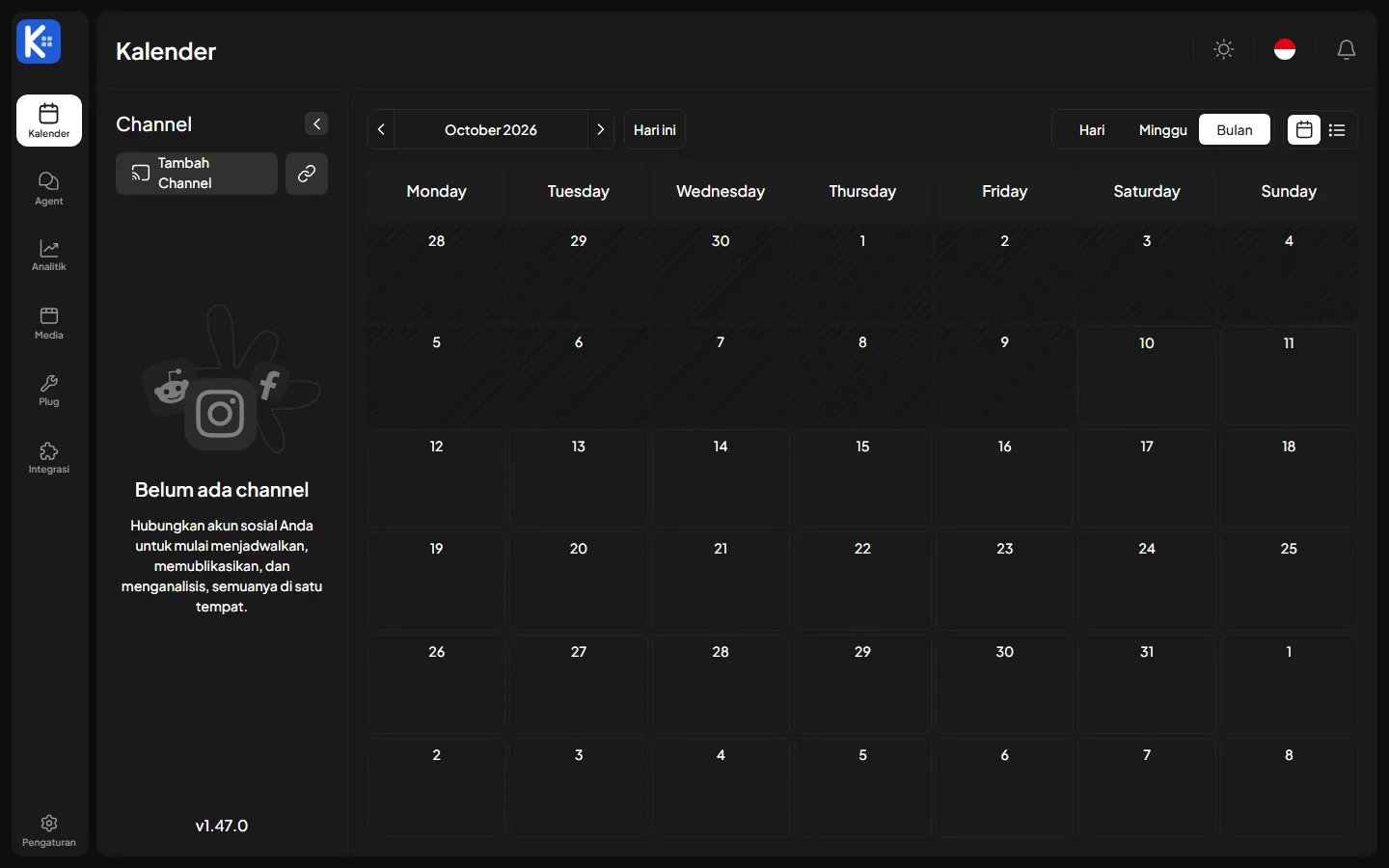 Tampilan Kalender di aplikasi Kelola Konten bertema gelap dengan mode Bulan untuk Oktober 2026, kolom Senin sampai Minggu, panel kiri bertuliskan Belum ada channel dan tombol Tambah Channel