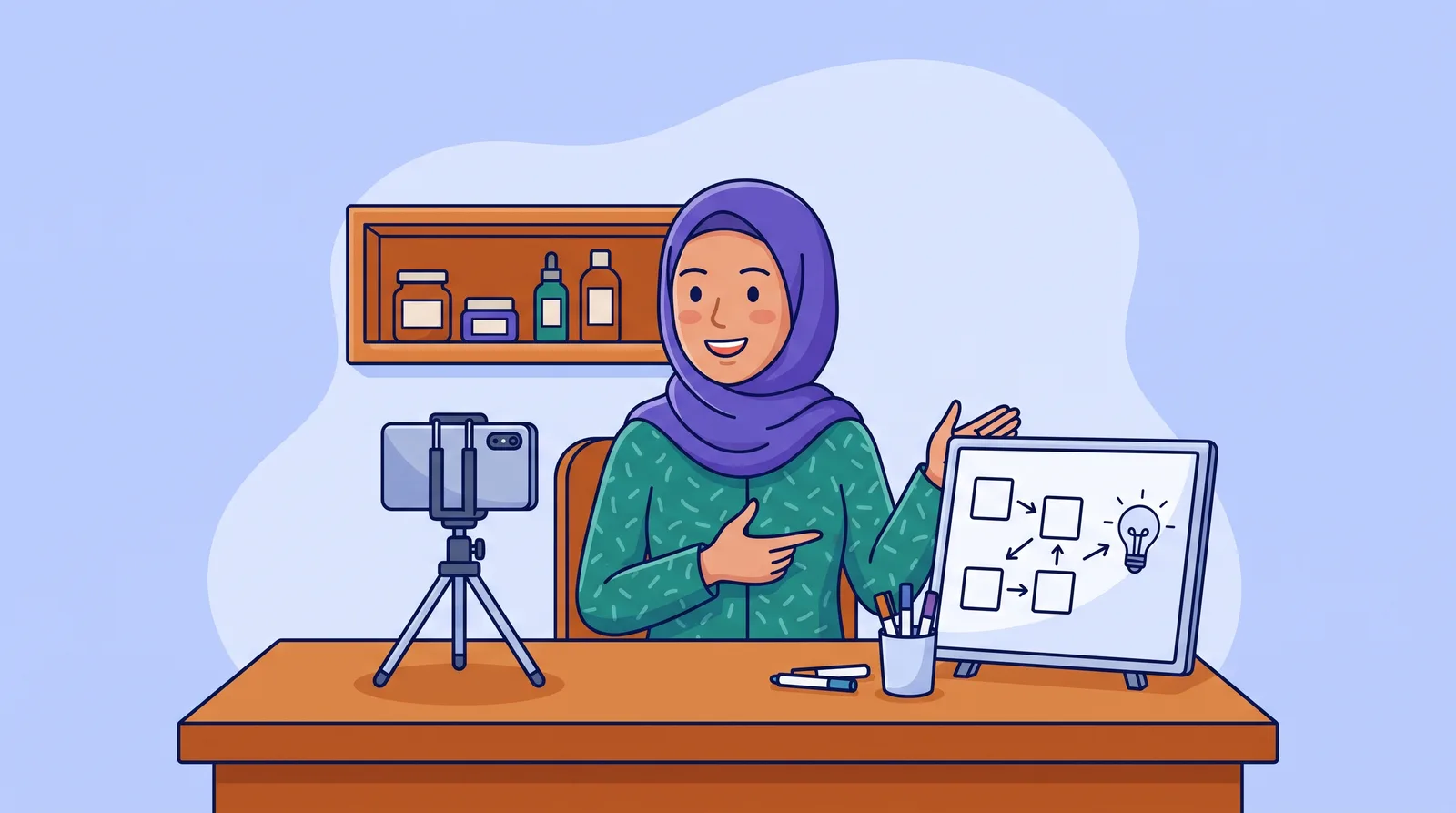 Ilustrasi perempuan pemilik usaha kecil merekam video edukasi dengan ponsel di tripod kecil sambil menunjuk papan tulis berisi kotak langkah yang dihubungkan panah dan ikon bola lampu, dengan toples produk di rak belakang