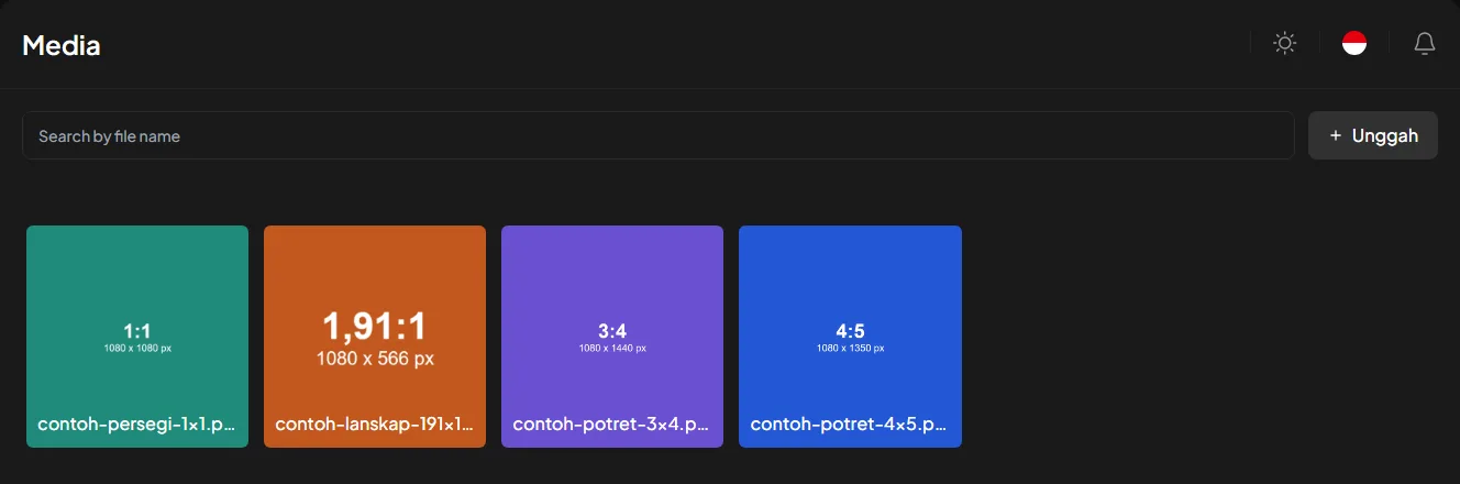 Tangkapan layar menu Media di aplikasi Kelola Konten bertema gelap, berisi kolom pencarian nama file, tombol Unggah, dan empat kartu file contoh berwarna dengan label 1:1 1080 x 1080 px, 1,91:1 1080 x 566 px, 3:4 1080 x 1440 px, dan 4:5 1080 x 1350 px