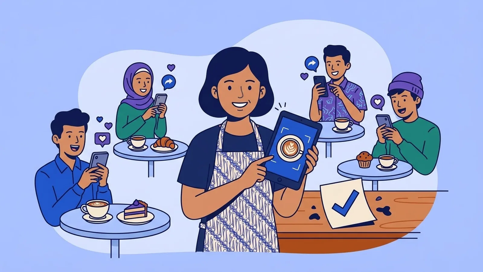 Ilustrasi pemilik kedai kopi memegang tablet berisi foto kiriman pelanggan, dikelilingi pelanggan yang memotret produk dengan ponsel, ikon hati dan bagikan, serta catatan izin bertanda centang