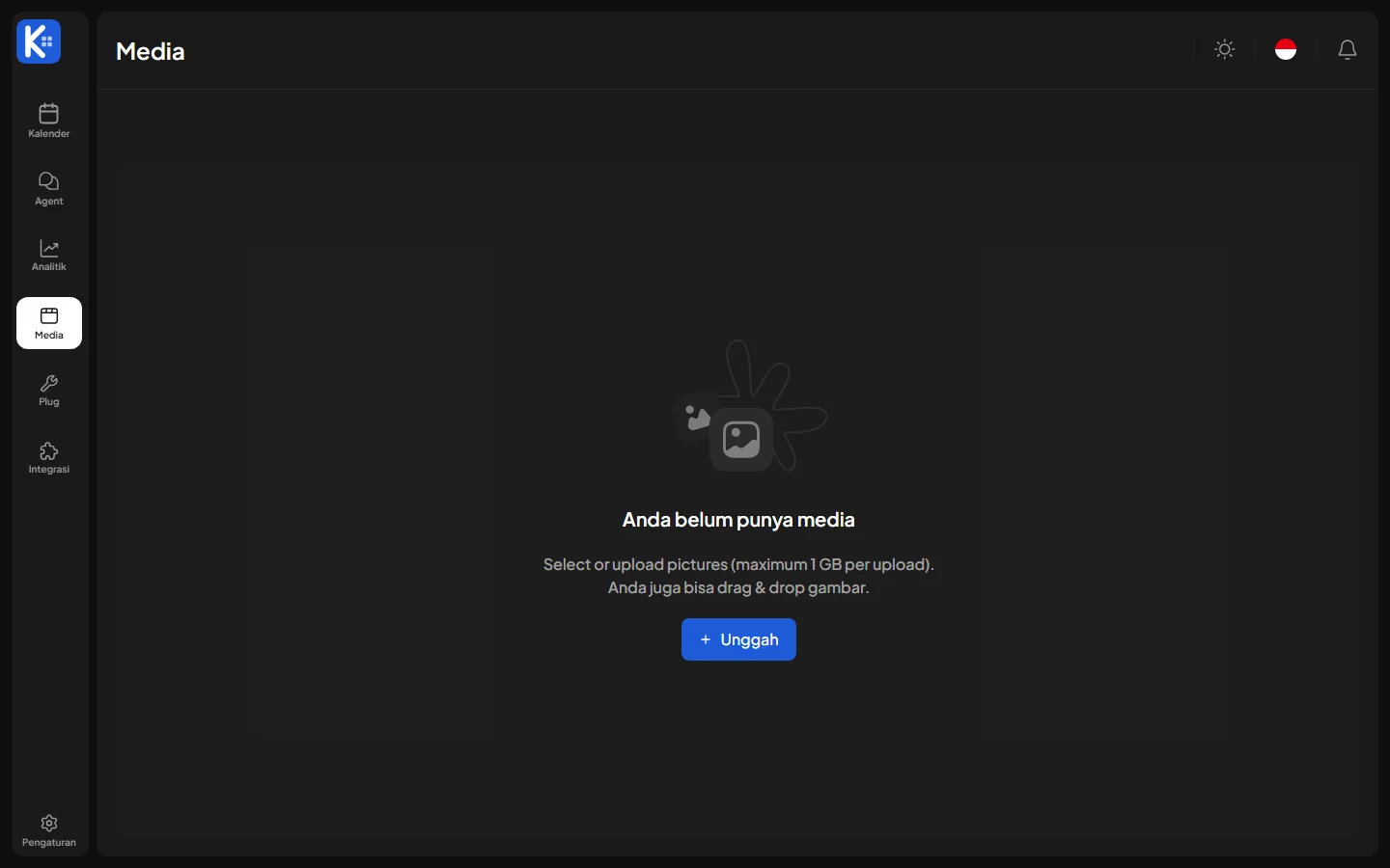 Halaman Media di aplikasi Kelola Konten bertema gelap dengan tulisan Anda belum punya media, keterangan maksimal 1 GB per upload, dan tombol Unggah